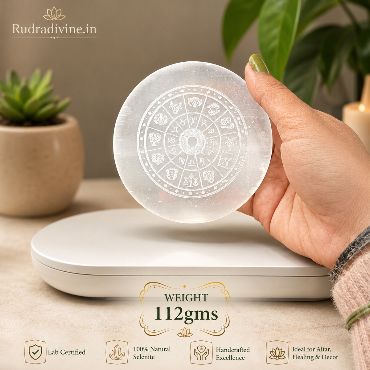 Lab Certified Selenite Zodiac Sign Charging Plate crafted from genuine natural Selenite by Rudradivine for crystal cleansing, energy charging, astrology rituals, meditation and spiritual healing.