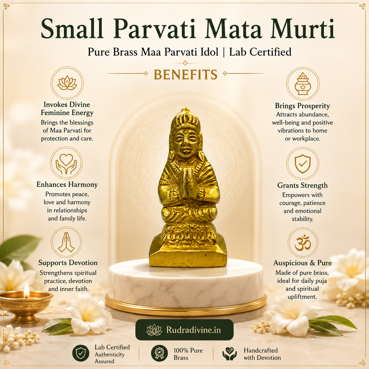 Small Parvati Mata Murti crafted from pure brass with official Lab Certificate by Rudradivine for home puja, divine blessings, family harmony and spiritual prosperity.