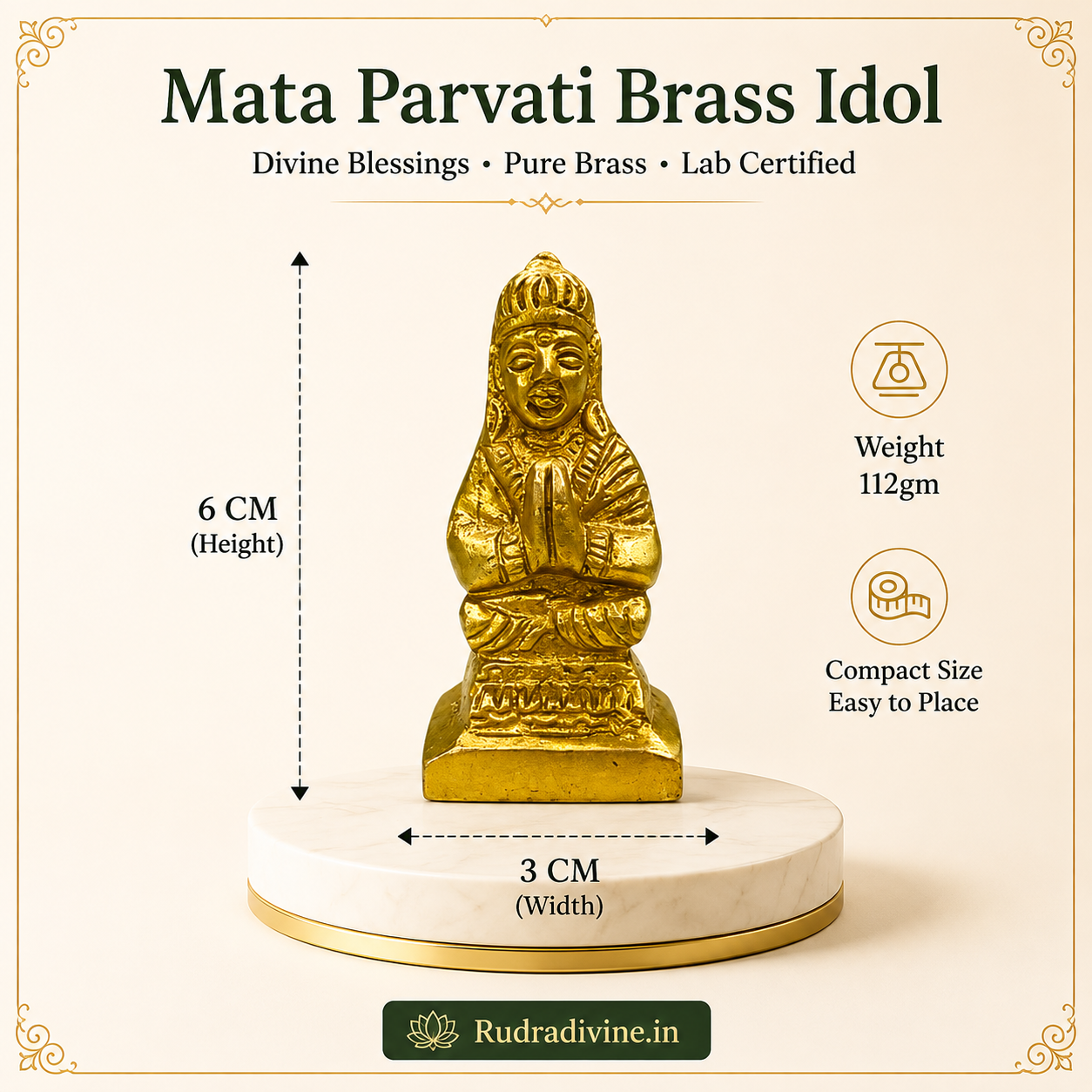 Small Parvati Mata Murti crafted from pure brass with official Lab Certificate by Rudradivine for home puja, divine blessings, family harmony and spiritual prosperity.