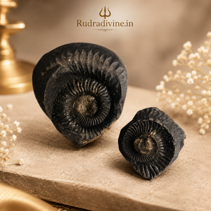 Natural Sudarshan Shaligram sacred stone with official Lab Certificate by Rudradivine for Lord Vishnu worship, protection, prosperity and spiritual blessings.