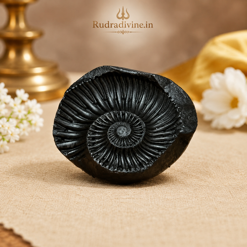 Natural Sudarshan Shaligram sacred stone with official Lab Certificate by Rudradivine for Lord Vishnu worship, protection, prosperity and spiritual blessings.