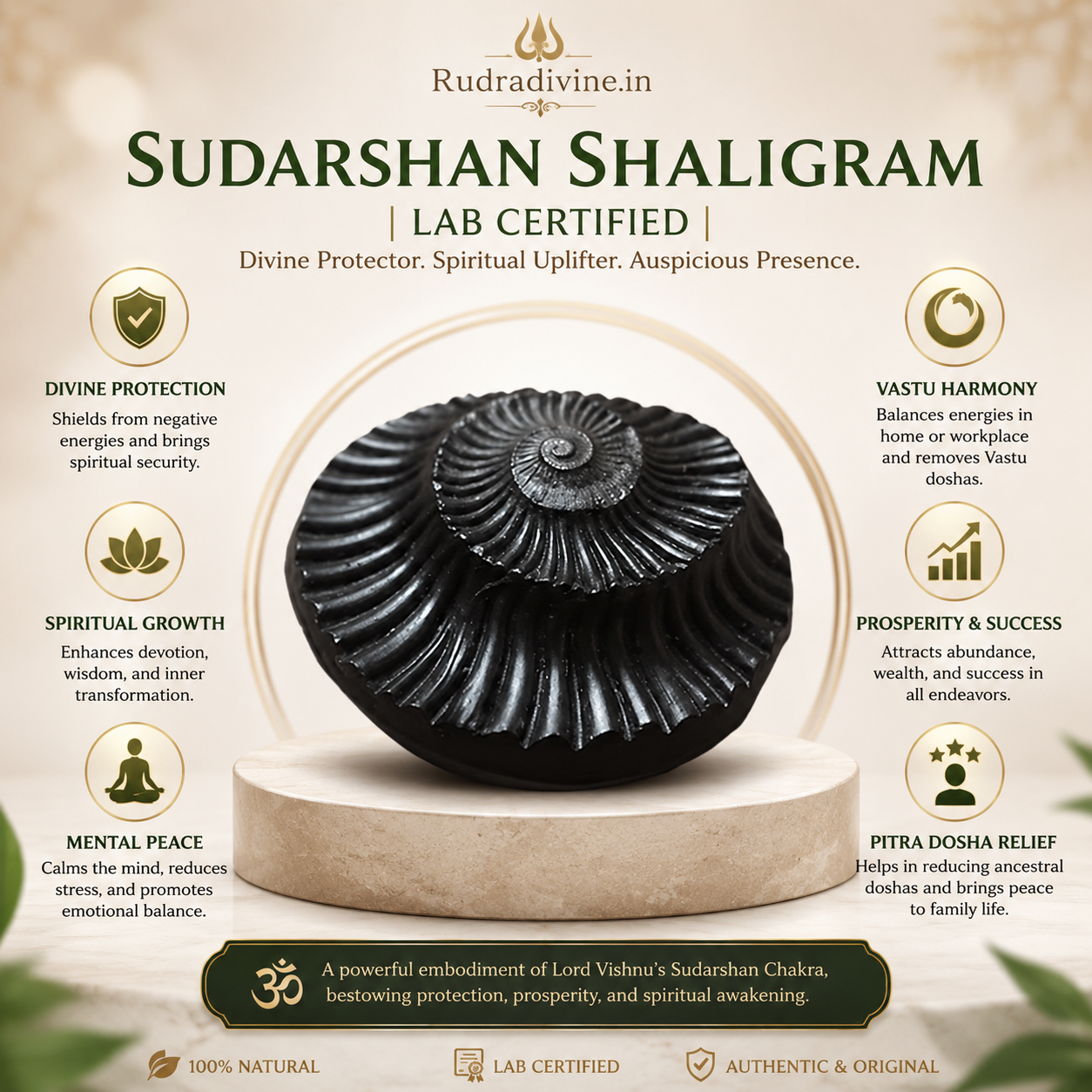 Natural Sudarshan Shaligram sacred stone with official Lab Certificate by Rudradivine for Lord Vishnu worship, protection, prosperity and spiritual blessings.