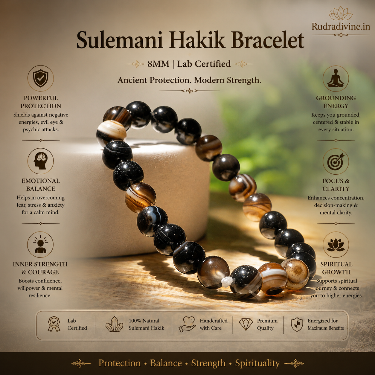 Sulemani Hakik Bracelet 8MM crafted with natural Sulemani Hakik (Aqeeq) gemstones and official Lab Certificate by Rudradivine for protection, grounding, confidence, meditation, positivity, and spiritual wellness.