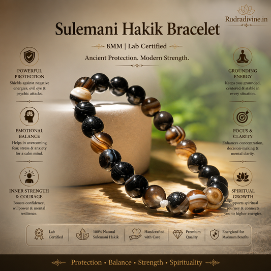 Sulemani Hakik Bracelet 8MM crafted with natural Sulemani Hakik (Aqeeq) gemstones and official Lab Certificate by Rudradivine for protection, grounding, confidence, meditation, positivity, and spiritual wellness.