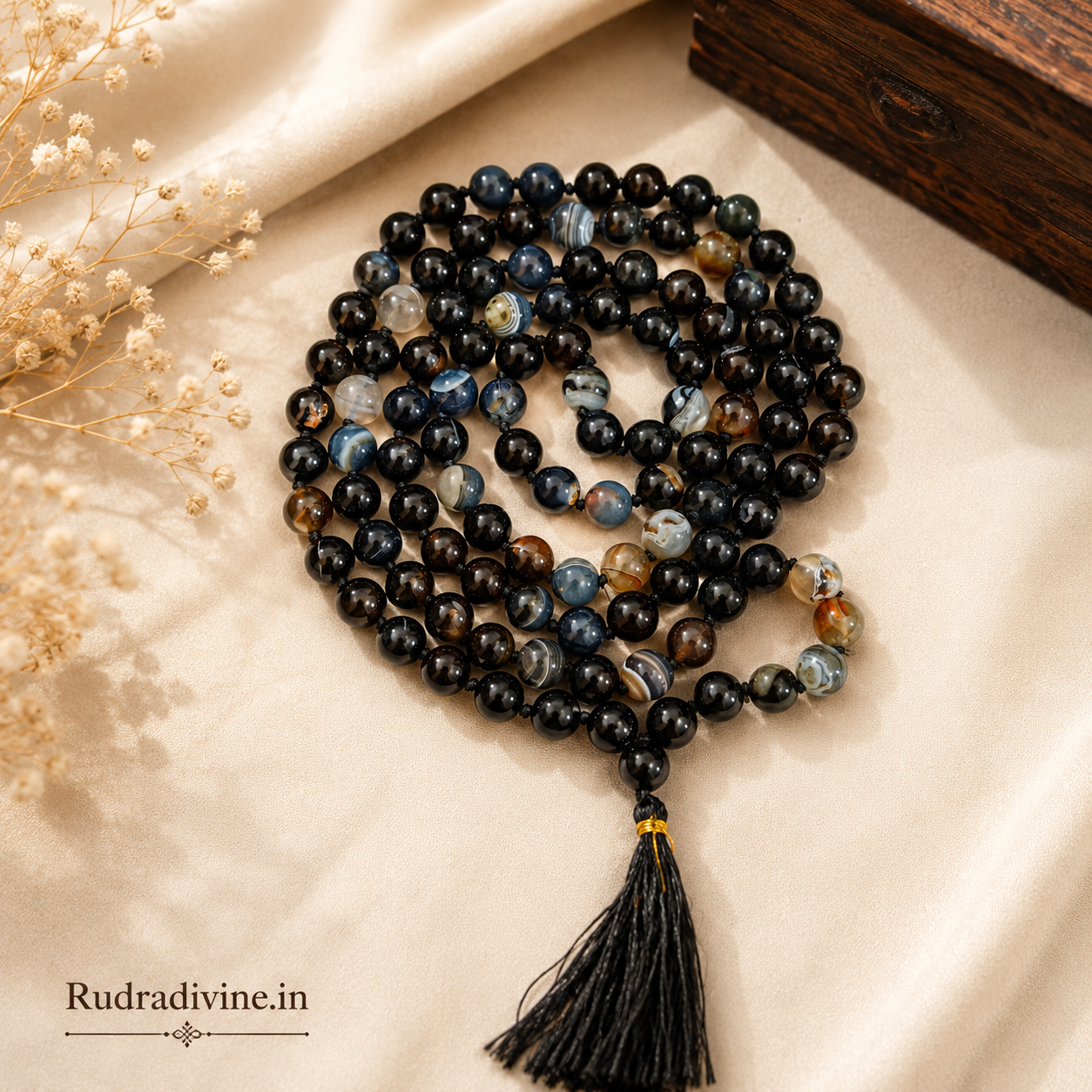 Sulemani Hakik Mala 108+1 Beads 8MM crafted with natural Black Agate gemstones and official Lab Certificate by Rudradivine for protection, meditation, and spiritual wellness.