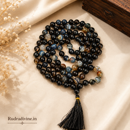 Sulemani Hakik Mala 108+1 Beads 8MM crafted with natural Black Agate gemstones and official Lab Certificate by Rudradivine for protection, meditation, and spiritual wellness.