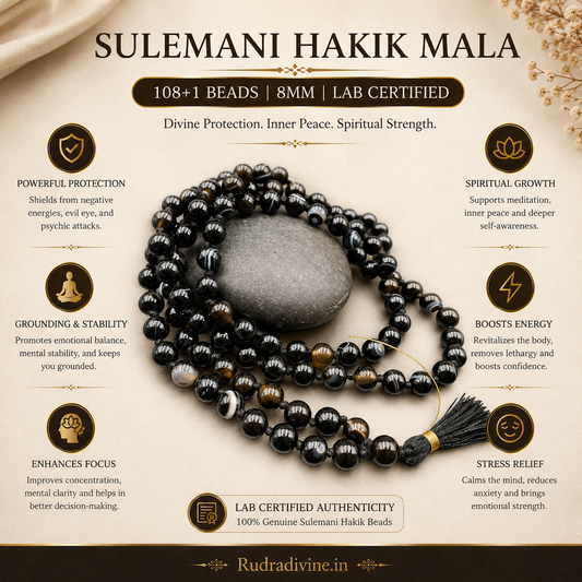 Sulemani Hakik Mala 108+1 Beads 8MM crafted with natural Black Agate gemstones and official Lab Certificate by Rudradivine for protection, meditation, and spiritual wellness.