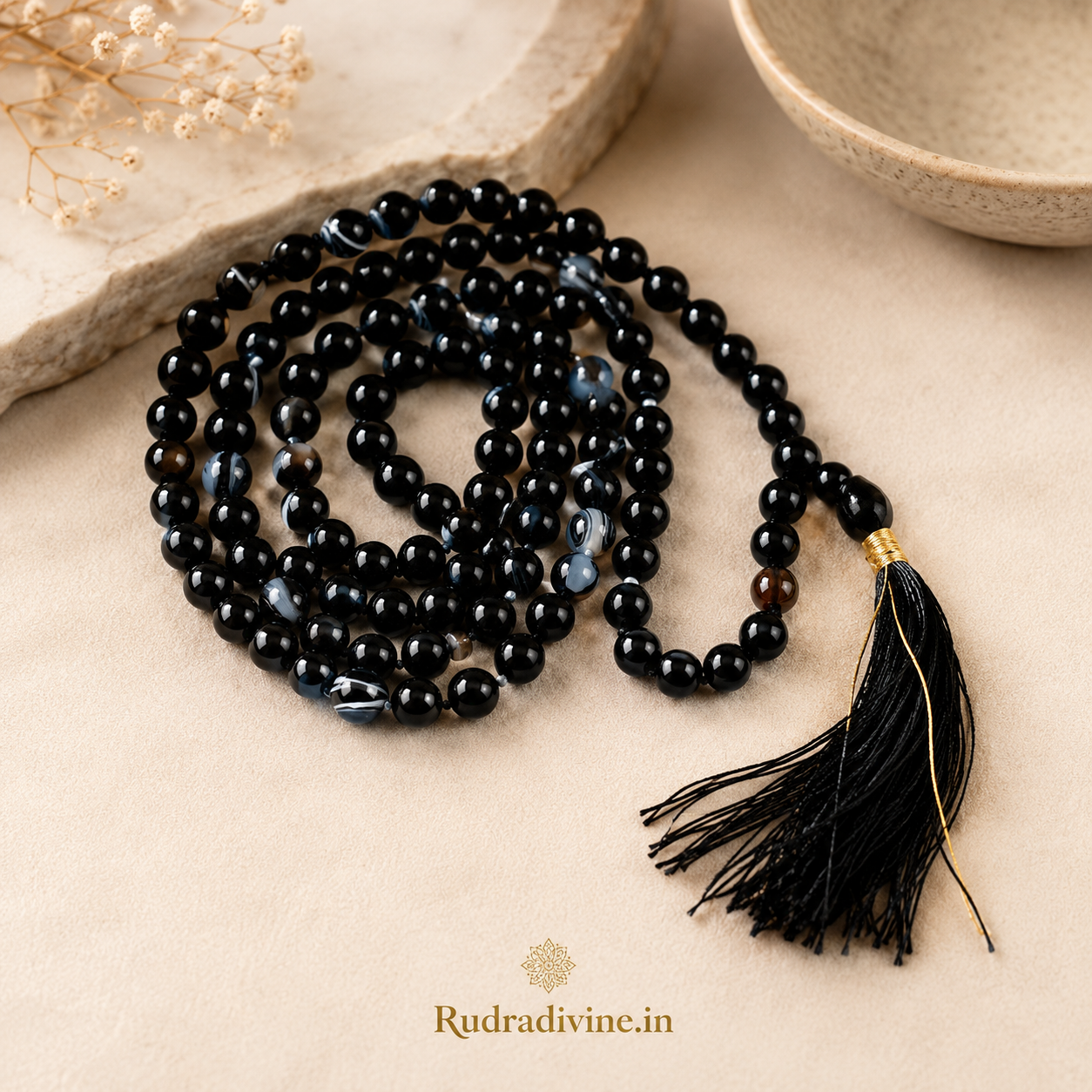 Sulemani Hakik Mala 108+1 Beads 8MM crafted with natural Black Agate gemstones and official Lab Certificate by Rudradivine for protection, meditation, and spiritual wellness.