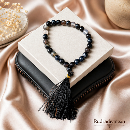 Sulemani Hakik Mala 27+1 Beads crafted with natural 8MM Black Agate gemstones and official Lab Certificate by Rudradivine for protection, meditation, and spiritual wellness.