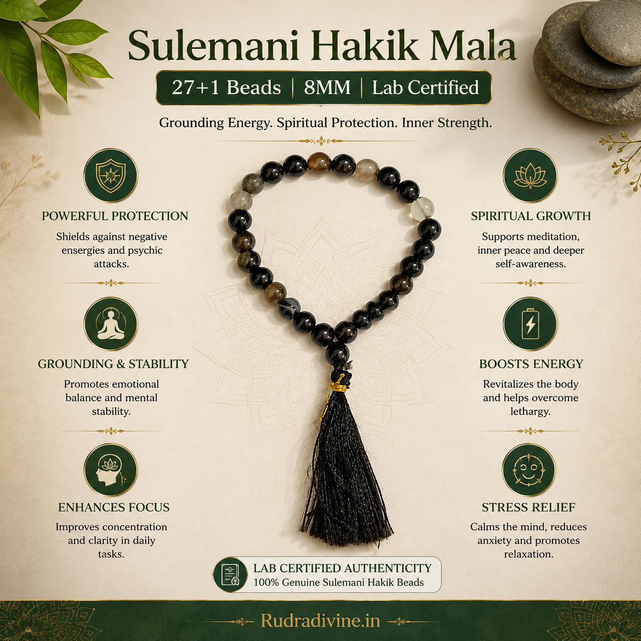 Sulemani Hakik Mala 27+1 Beads crafted with natural 8MM Black Agate gemstones and official Lab Certificate by Rudradivine for protection, meditation, and spiritual wellness.