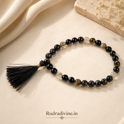 Sulemani Hakik Mala 27+1 Beads crafted with natural 8MM Black Agate gemstones and official Lab Certificate by Rudradivine for protection, meditation, and spiritual wellness.