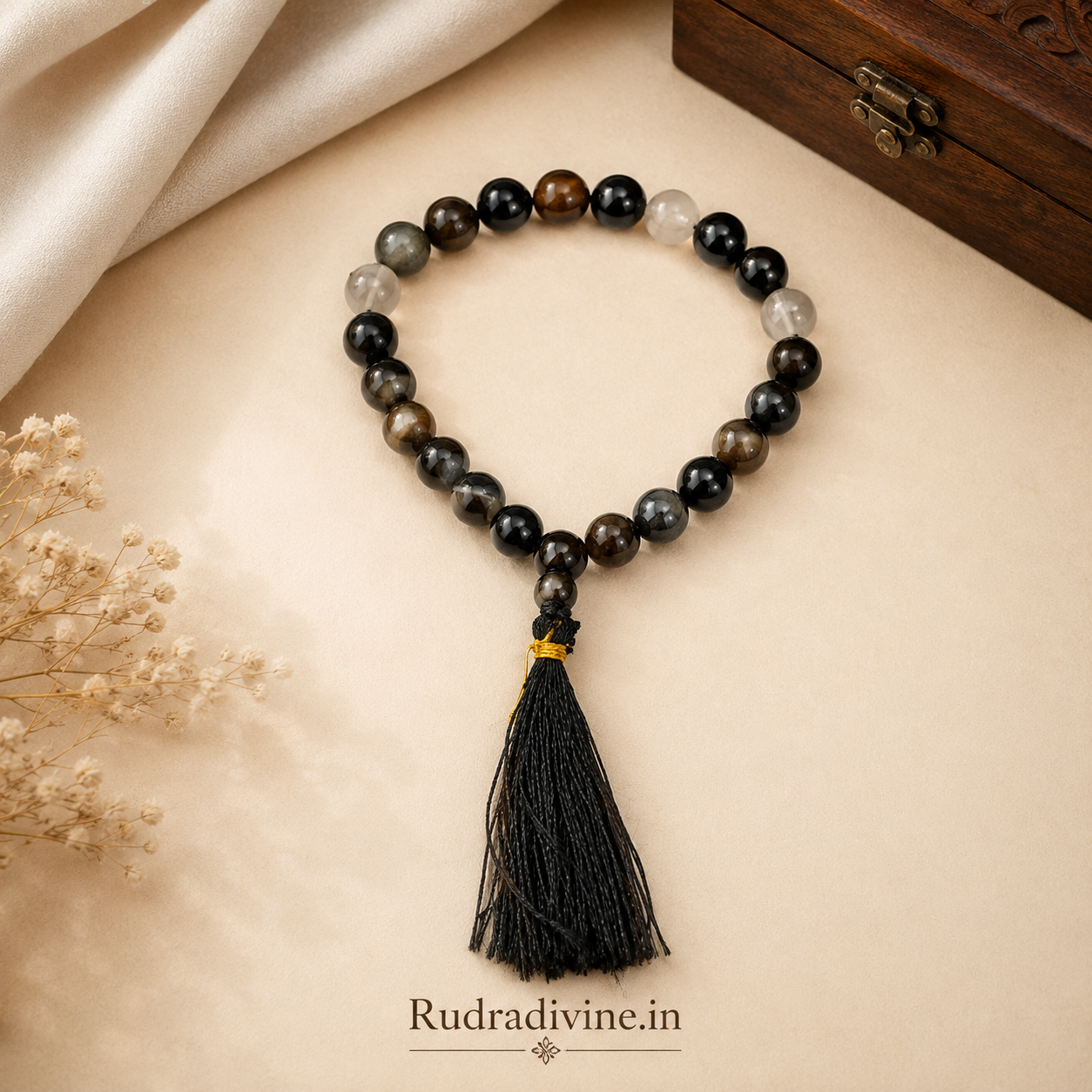 Sulemani Hakik Mala 27+1 Beads crafted with natural 8MM Black Agate gemstones and official Lab Certificate by Rudradivine for protection, meditation, and spiritual wellness.