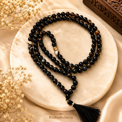 Sulemani Hakik Mala 54+1 Beads 8MM crafted from natural black agate gemstone with official Lab Certificate by Rudradivine for protection, meditation, and spiritual wellness.