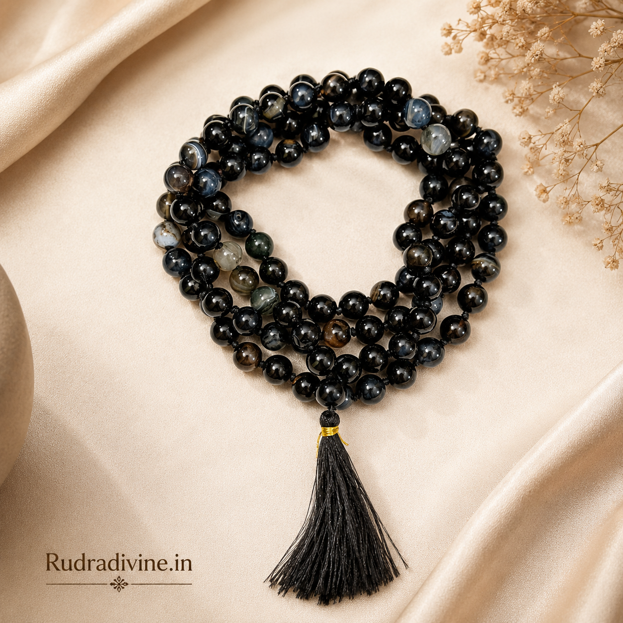 Sulemani Hakik Mala 54+1 Beads 8MM crafted from natural black agate gemstone with official Lab Certificate by Rudradivine for protection, meditation, and spiritual wellness.