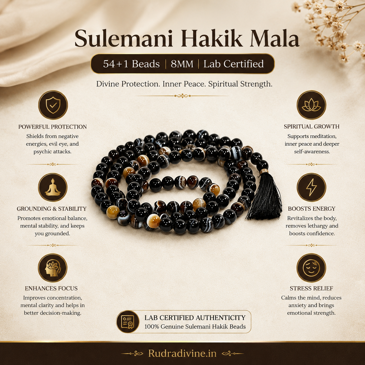 Sulemani Hakik Mala 54+1 Beads 8MM crafted from natural black agate gemstone with official Lab Certificate by Rudradivine for protection, meditation, and spiritual wellness.