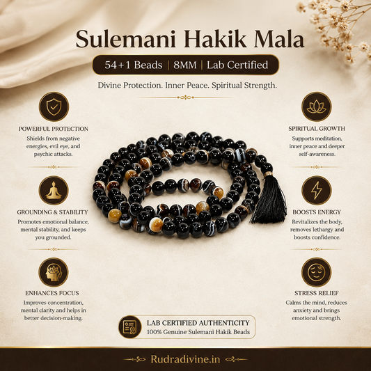 Sulemani Hakik Mala 54+1 Beads 8MM crafted from natural black agate gemstone with official Lab Certificate by Rudradivine for protection, meditation, and spiritual wellness.