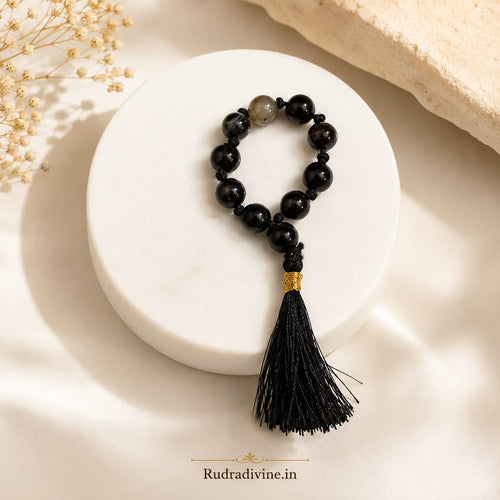 Sulemani Hakik Mala 9+1 Beads crafted with natural 8MM Black Agate gemstones and official Lab Certificate by Rudradivine for protection and spiritual wellness.
