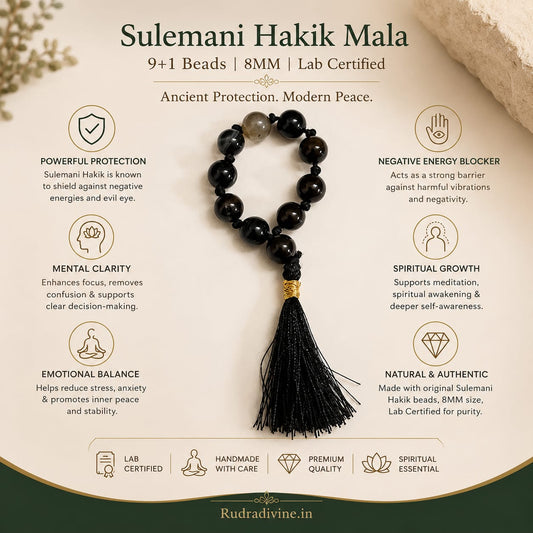 Sulemani Hakik Mala 9+1 Beads crafted with natural 8MM Black Agate gemstones and official Lab Certificate by Rudradivine for protection and spiritual wellness.