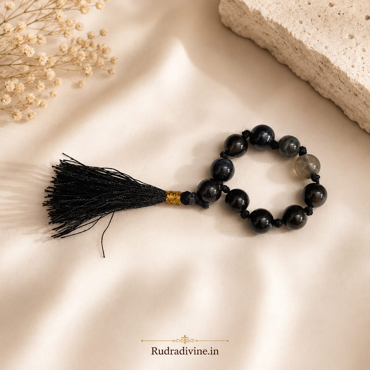 Sulemani Hakik Mala 9+1 Beads crafted with natural 8MM Black Agate gemstones and official Lab Certificate by Rudradivine for protection and spiritual wellness.