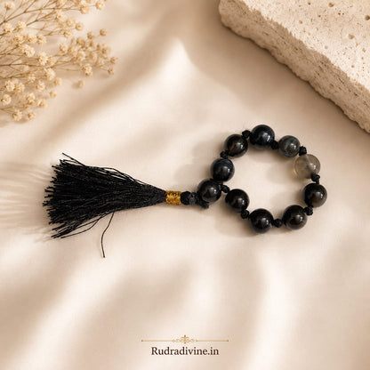Sulemani Hakik Mala 9+1 Beads crafted with natural 8MM Black Agate gemstones and official Lab Certificate by Rudradivine for protection and spiritual wellness.