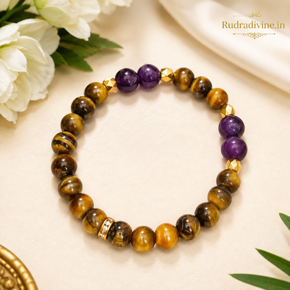 Tiger Eye & Amethyst Bracelet with 8MM natural gemstone beads and official Lab Certificate by Rudradivine, designed for courage, confidence, focus and spiritual wellness.