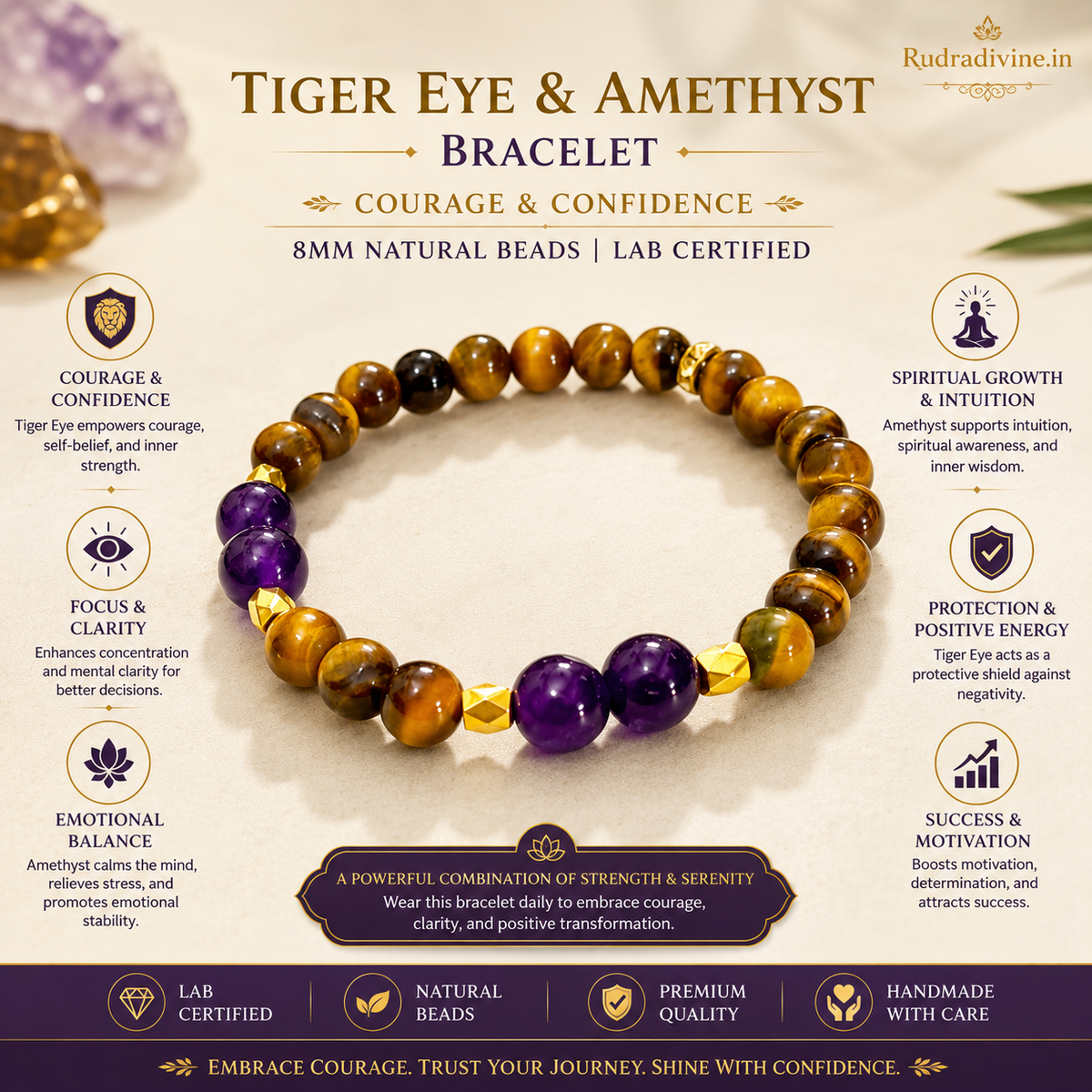 Tiger Eye & Amethyst Bracelet with 8MM natural gemstone beads and official Lab Certificate by Rudradivine, designed for courage, confidence, focus and spiritual wellness.