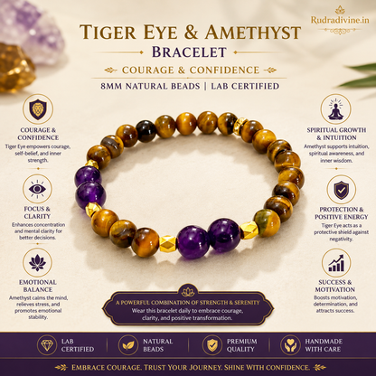 Tiger Eye & Amethyst Bracelet with 8MM natural gemstone beads and official Lab Certificate by Rudradivine, designed for courage, confidence, focus and spiritual wellness.