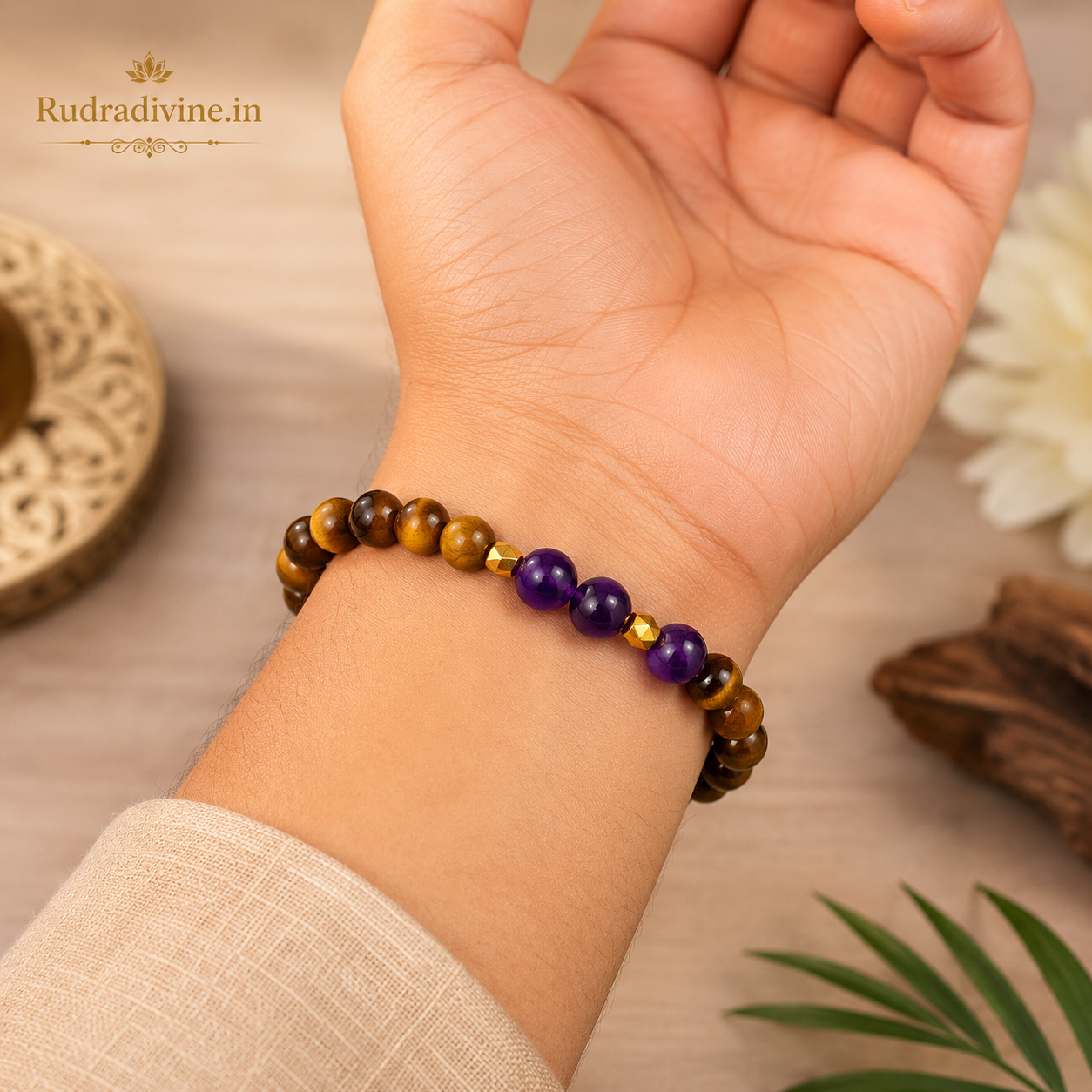 Tiger Eye & Amethyst Bracelet with 8MM natural gemstone beads and official Lab Certificate by Rudradivine, designed for courage, confidence, focus and spiritual wellness.