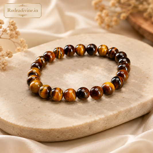 Tiger Eye Bracelet with natural 8MM gemstone beads and official Lab Certificate by Rudradivine for confidence, protection, prosperity, and daily spiritual wear.