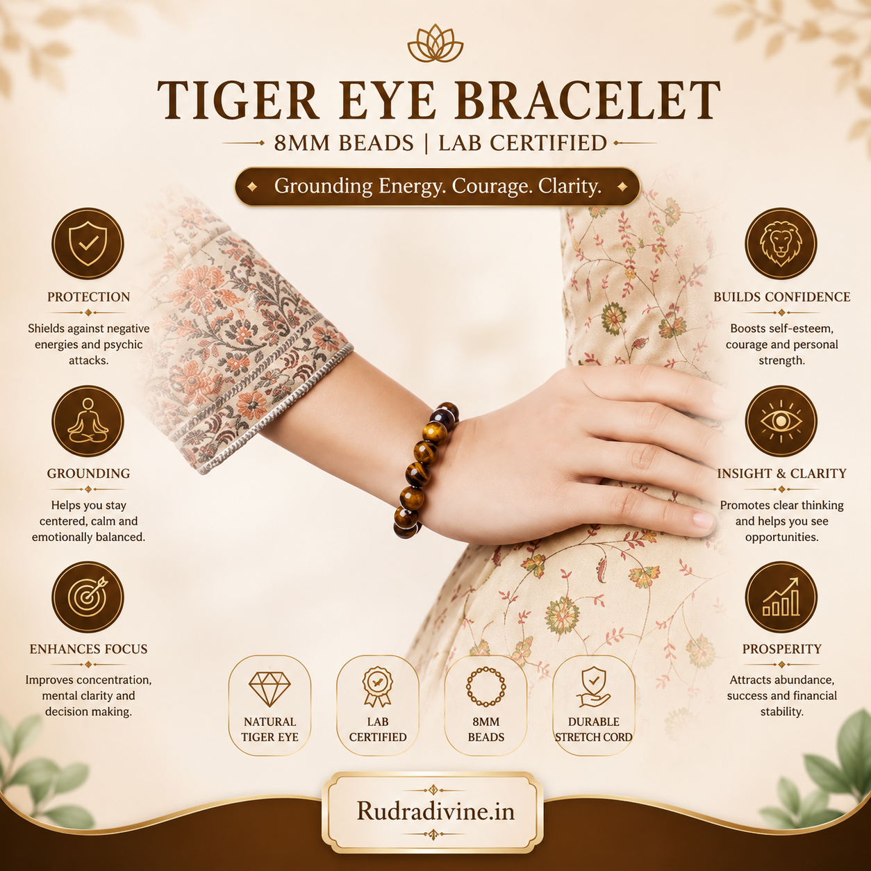 Tiger Eye Bracelet with natural 8MM gemstone beads and official Lab Certificate by Rudradivine for confidence, protection, prosperity, and daily spiritual wear.