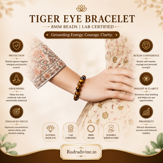 Tiger Eye Bracelet with natural 8MM gemstone beads and official Lab Certificate by Rudradivine for confidence, protection, prosperity, and daily spiritual wear.