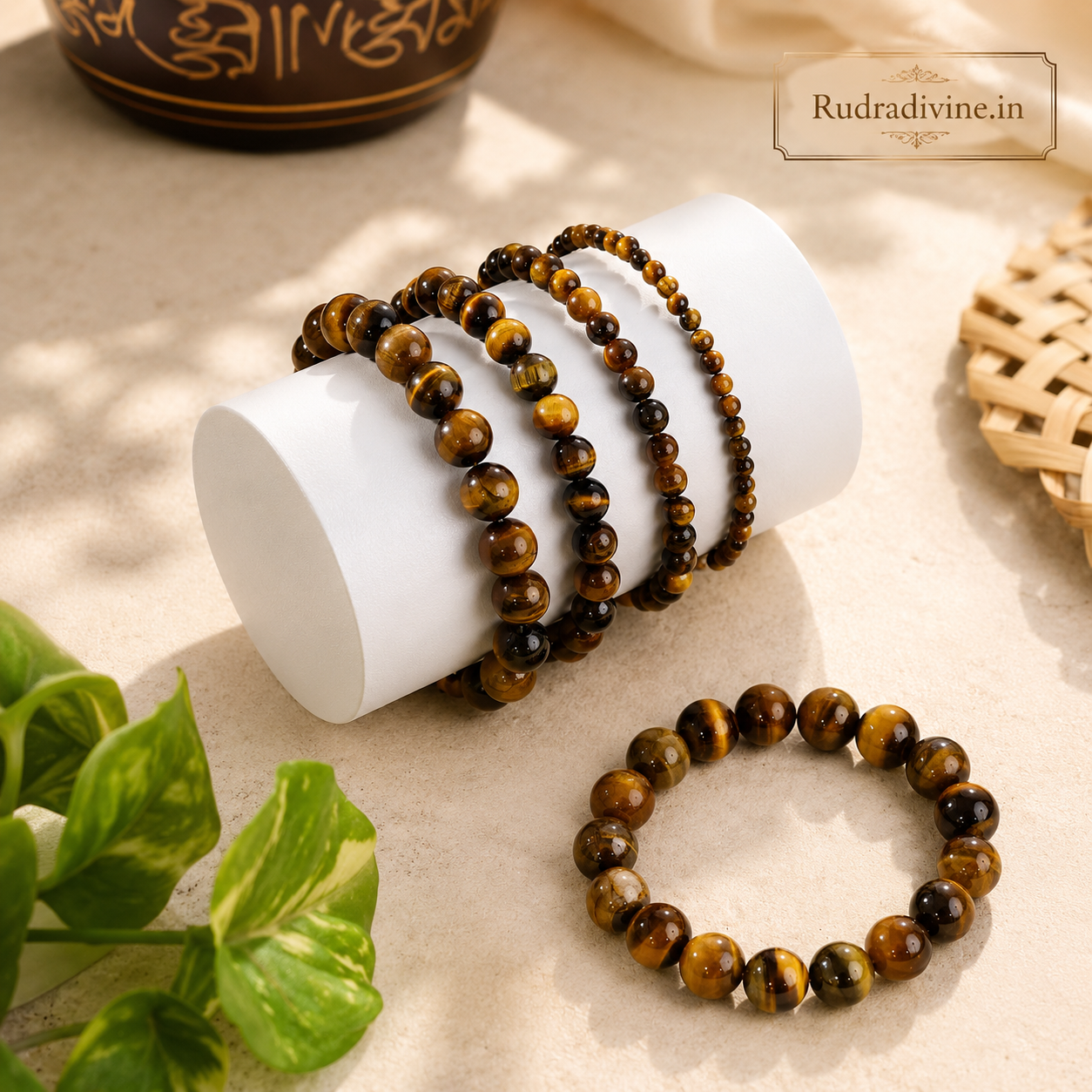 Tiger Eye Bracelet with natural 8MM gemstone beads and official Lab Certificate by Rudradivine for confidence, protection, prosperity, and daily spiritual wear.