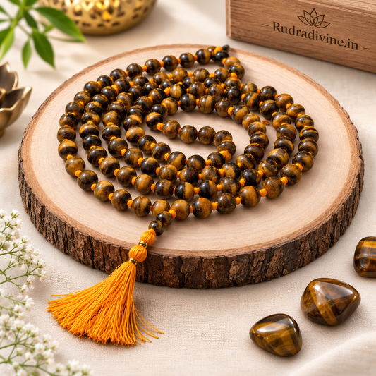 Tiger Eye Mala 108+1 Beads crafted with natural 8MM Tiger Eye gemstones and official Lab Certificate by Rudradivine for confidence, protection, prosperity, meditation, and spiritual wellness.