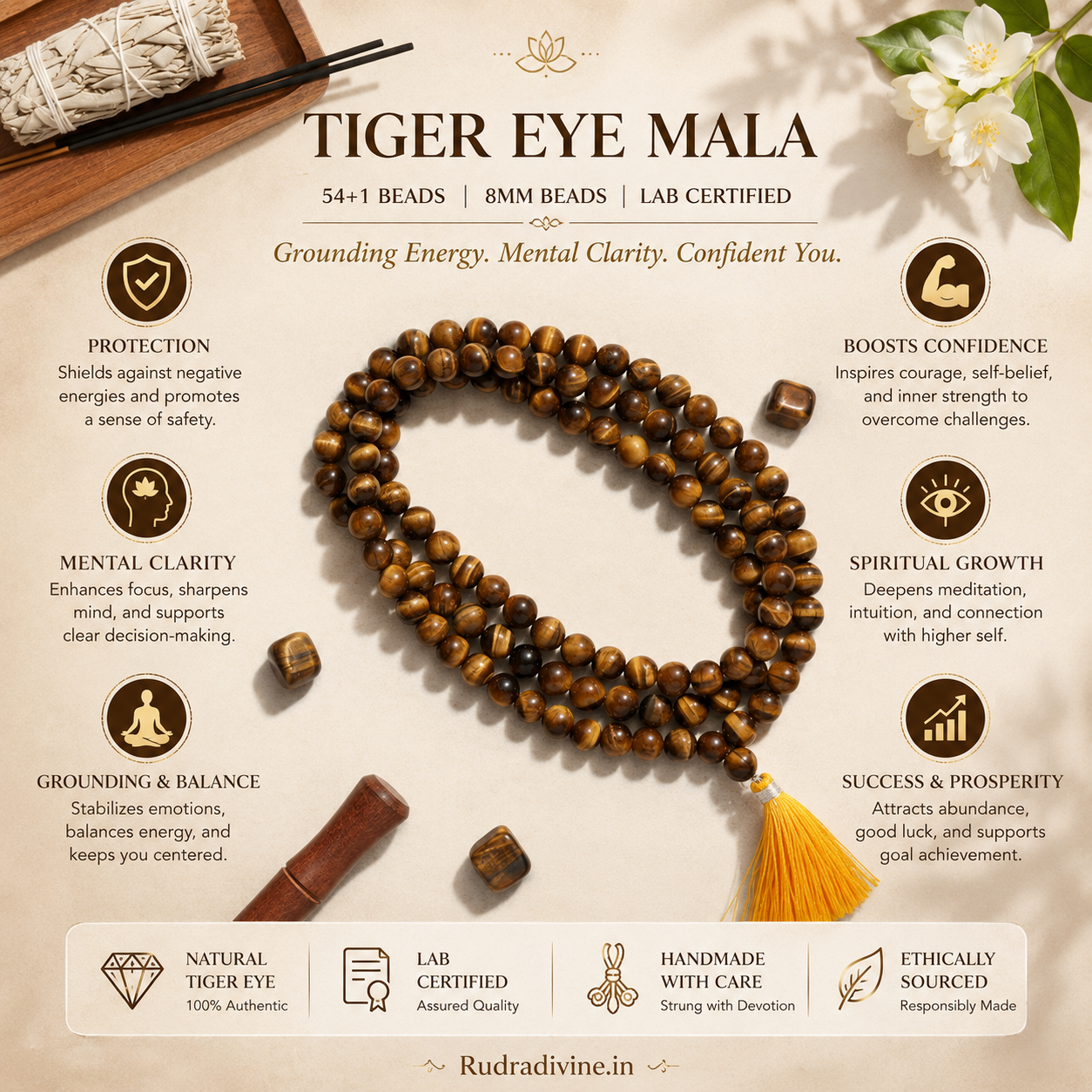 Tiger Eye Mala 108+1 Beads crafted with natural 8MM Tiger Eye gemstones and official Lab Certificate by Rudradivine for confidence, protection, prosperity, meditation, and spiritual wellness.