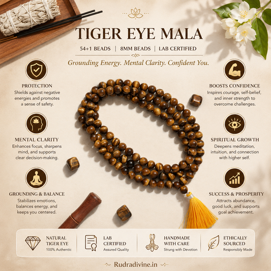 Tiger Eye Mala 108+1 Beads crafted with natural 8MM Tiger Eye gemstones and official Lab Certificate by Rudradivine for confidence, protection, prosperity, meditation, and spiritual wellness.