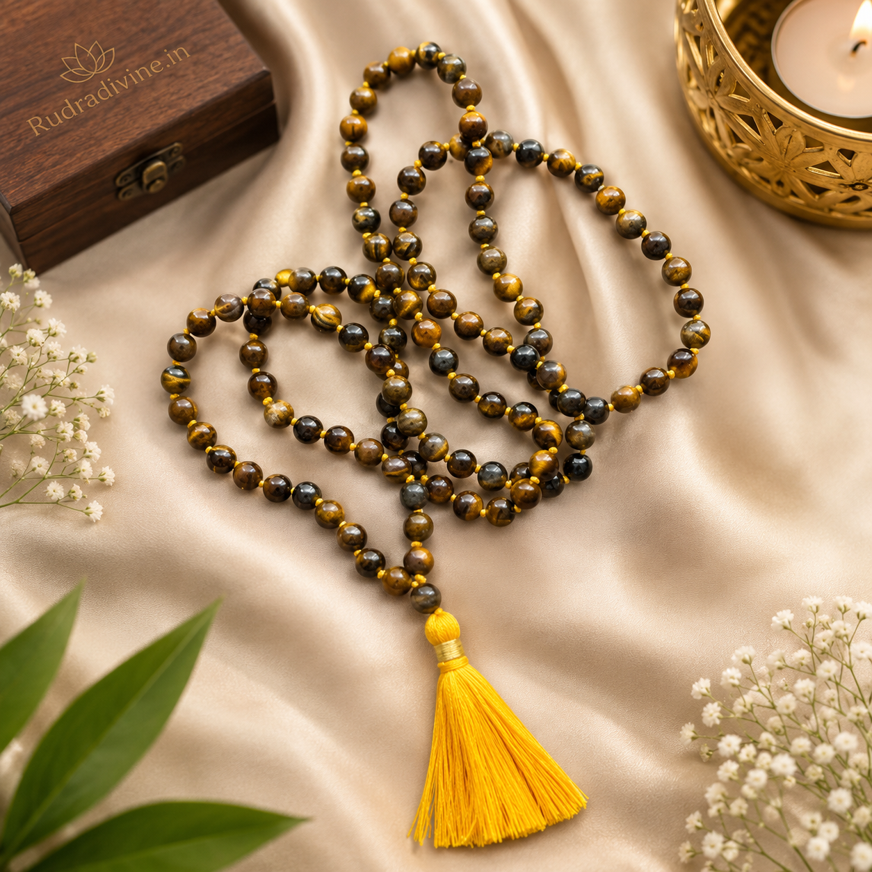 Tiger Eye Mala 108+1 Beads crafted with natural 8MM Tiger Eye gemstones and official Lab Certificate by Rudradivine for confidence, protection, prosperity, meditation, and spiritual wellness.