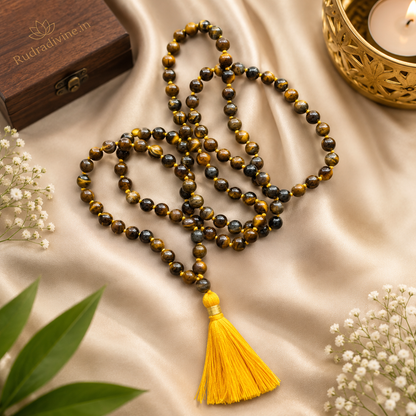 Tiger Eye Mala 108+1 Beads crafted with natural 8MM Tiger Eye gemstones and official Lab Certificate by Rudradivine for confidence, protection, prosperity, meditation, and spiritual wellness.