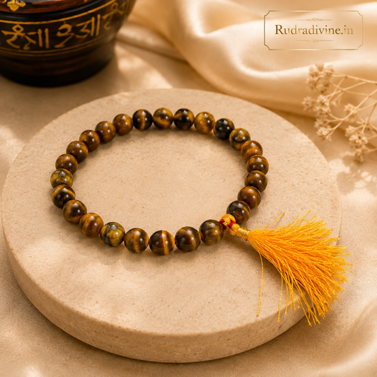 Tiger Eye Mala 27+1 Beads crafted with natural 8MM Tiger Eye gemstones and official Lab Certificate by Rudradivine for confidence, protection, prosperity, meditation, and spiritual wellness.