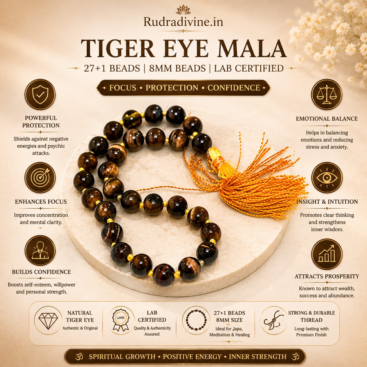 Tiger Eye Mala 27+1 Beads crafted with natural 8MM Tiger Eye gemstones and official Lab Certificate by Rudradivine for confidence, protection, prosperity, meditation, and spiritual wellness.