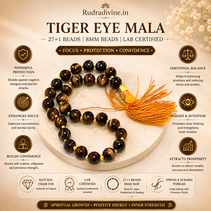 Tiger Eye Mala 27+1 Beads crafted with natural 8MM Tiger Eye gemstones and official Lab Certificate by Rudradivine for confidence, protection, prosperity, meditation, and spiritual wellness.