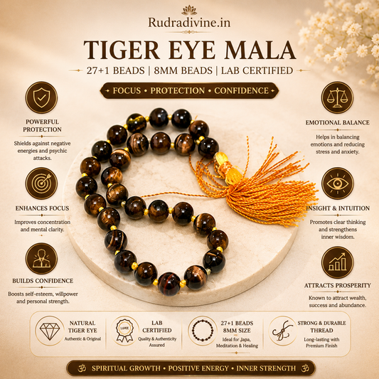 Tiger Eye Mala 27+1 Beads crafted with natural 8MM Tiger Eye gemstones and official Lab Certificate by Rudradivine for confidence, protection, prosperity, meditation, and spiritual wellness.