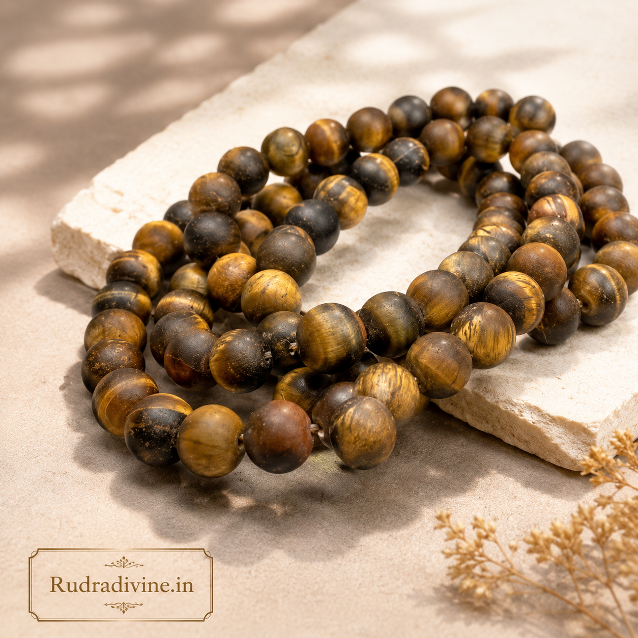 Tiger Eye Mala 27+1 Beads crafted with natural 8MM Tiger Eye gemstones and official Lab Certificate by Rudradivine for confidence, protection, prosperity, meditation, and spiritual wellness.
