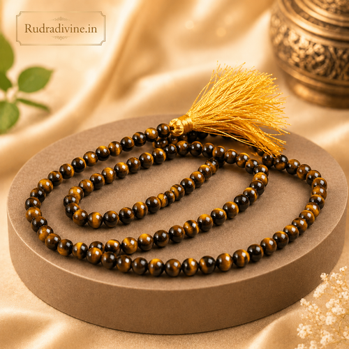 Tiger Eye Mala 54+1 Beads crafted with natural 8MM Tiger Eye gemstones and official Lab Certificate by Rudradivine for confidence, protection, prosperity, meditation, and spiritual wellness.