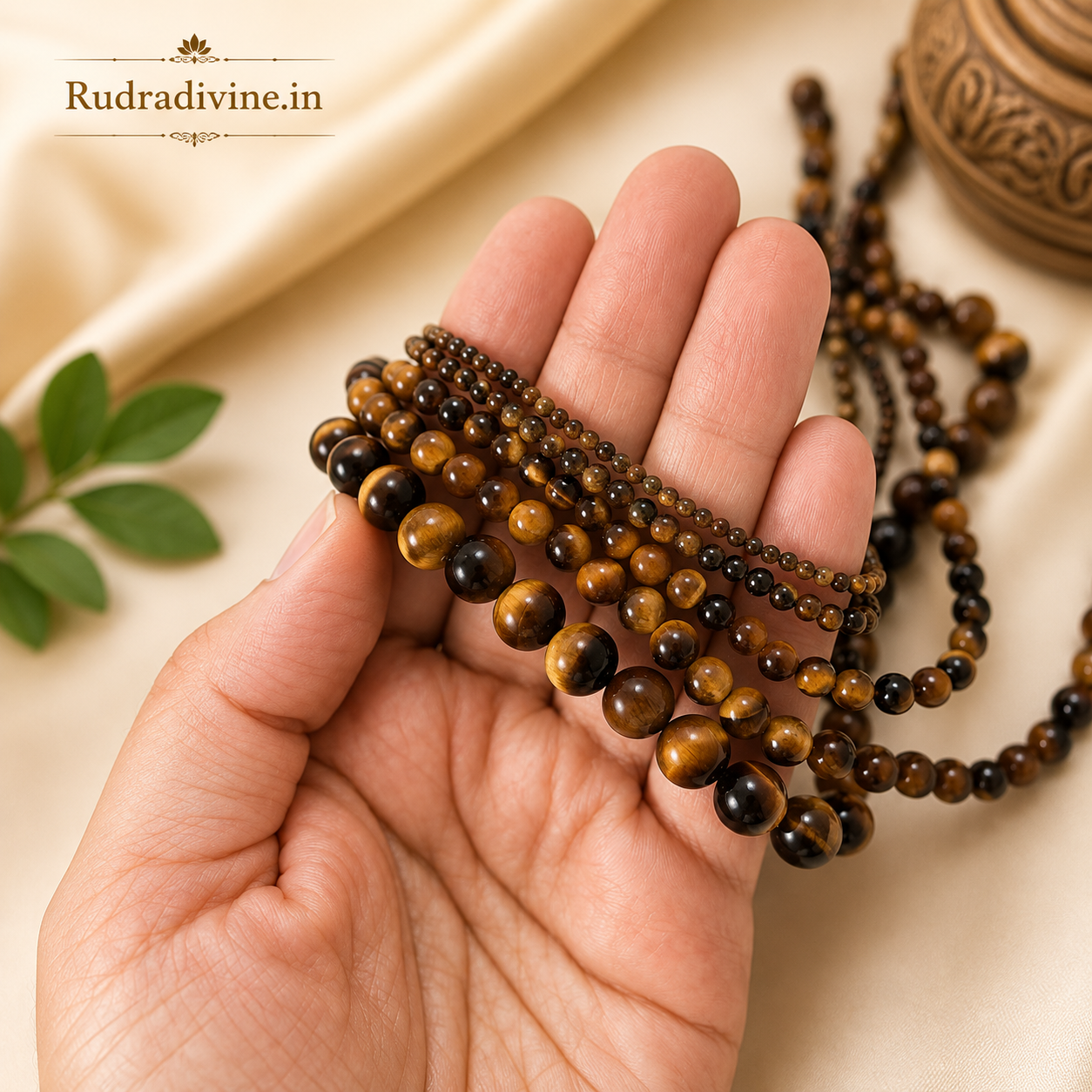 Tiger Eye Mala 54+1 Beads crafted with natural 8MM Tiger Eye gemstones and official Lab Certificate by Rudradivine for confidence, protection, prosperity, meditation, and spiritual wellness.