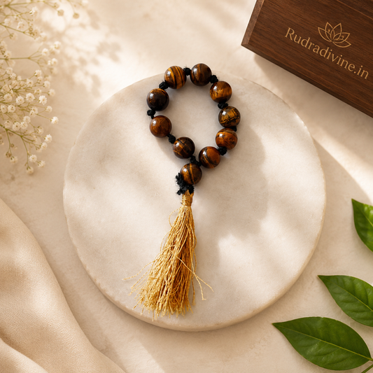 Tiger Eye Mala 9+1 Beads crafted with natural 8MM Tiger Eye gemstones and official Lab Certificate by Rudradivine for confidence, protection, prosperity, meditation, and spiritual wellness.