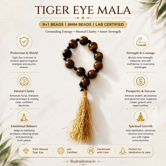 Tiger Eye Mala 9+1 Beads crafted with natural 8MM Tiger Eye gemstones and official Lab Certificate by Rudradivine for confidence, protection, prosperity, meditation, and spiritual wellness.