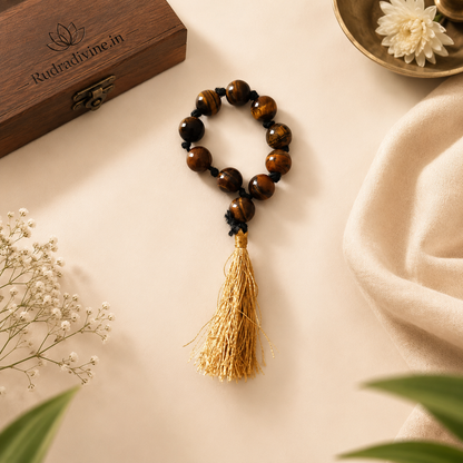 Tiger Eye Mala 9+1 Beads crafted with natural 8MM Tiger Eye gemstones and official Lab Certificate by Rudradivine for confidence, protection, prosperity, meditation, and spiritual wellness.