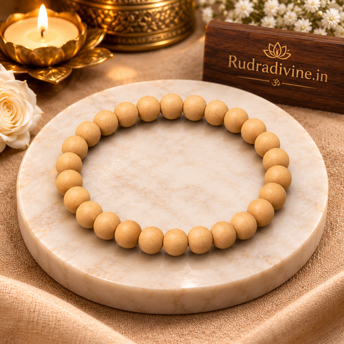 Tulsi Bracelet crafted with natural sacred Tulsi wood 8MM beads and official Lab Certificate by Rudradivine for devotion, meditation and spiritual wellness.