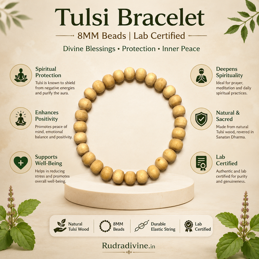 Tulsi Bracelet crafted with natural sacred Tulsi wood 8MM beads and official Lab Certificate by Rudradivine for devotion, meditation and spiritual wellness.