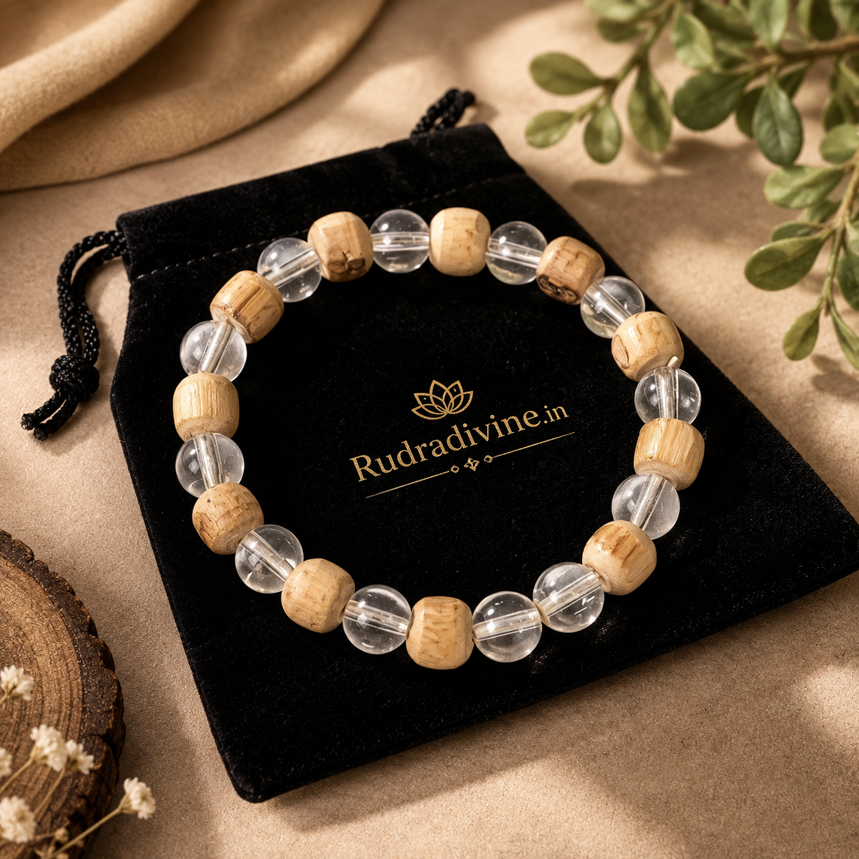 Tulsi Crystal Bracelet with natural Tulsi wood and crystal 8MM beads, officially Lab Certified by Rudradivine for meditation, positivity and spiritual wellness.